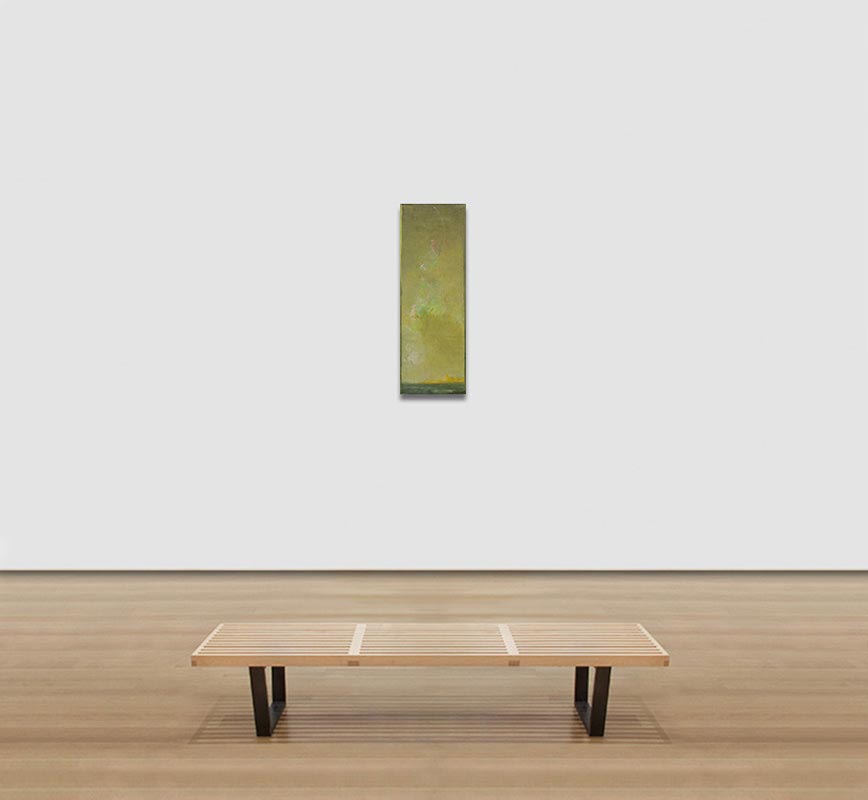 View in a room of abstract painting with reference to nature. Mainly green colors. Title: Icaro II