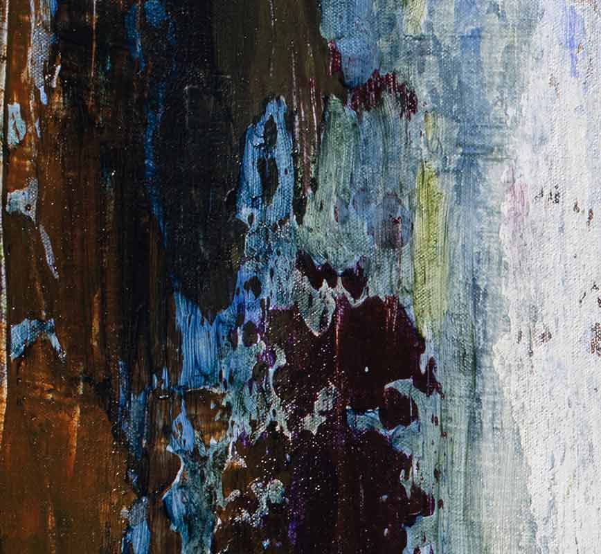 Detail of abstract painting with reference to nature. Mainly rust, blue and white colors. Title: Lonely at the Top