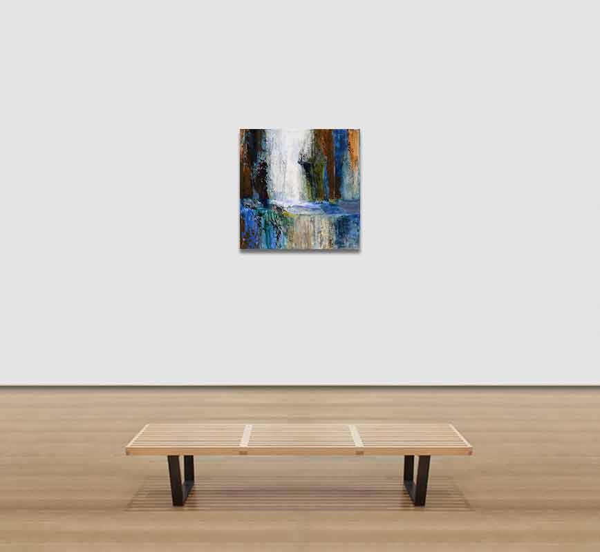 View in a room of abstract painting with reference to nature. Mainly rust, blue and white colors. Title: Lonely at the Top
