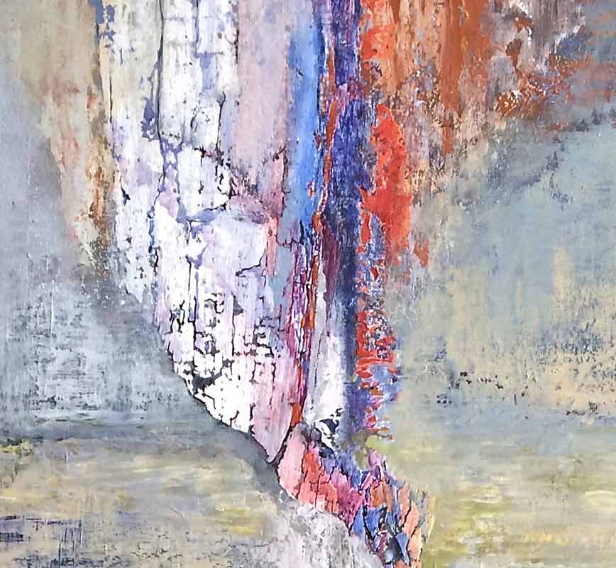 Detail of abstract painting with reference to nature. Mainly red and blue colors. Title: Arcadian Driftwood