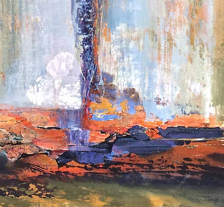 Detail of abstract painting with reference to nature. Mainly red and blue colors. Title: Arcadian Driftwood