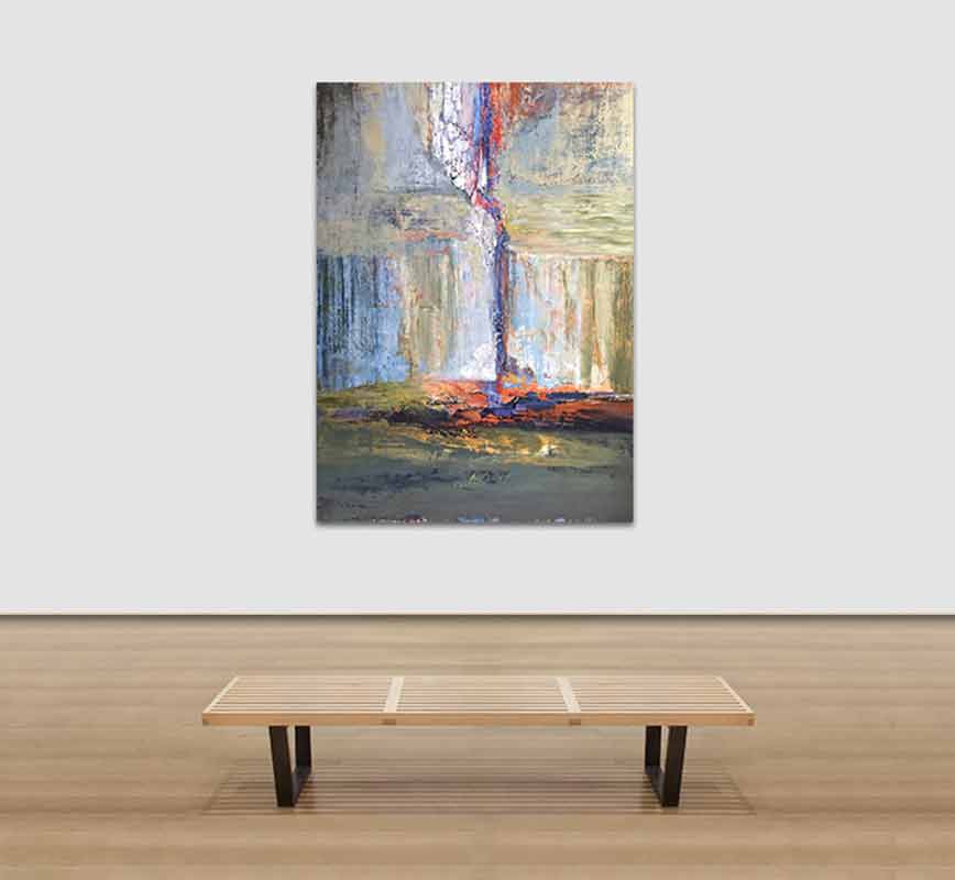 View in a room of abstract painting with reference to nature. Mainly red and blue colors. Title: Arcadian Driftwood