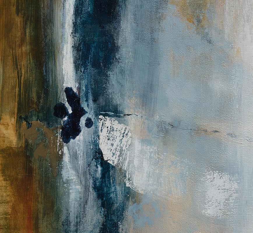 Detail of abstract painting with reference to nature. Mainly white and blue colors. Title: Favorable Conditions