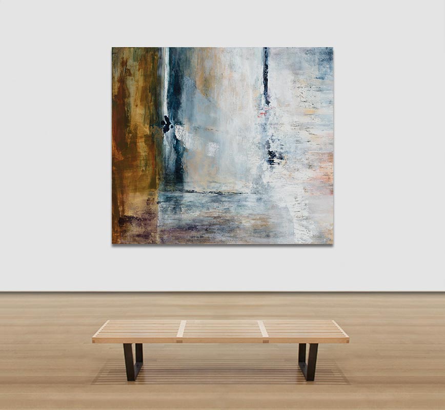 View in a room of abstract painting with reference to nature. Mainly white and blue colors. Title: Favorable Conditions