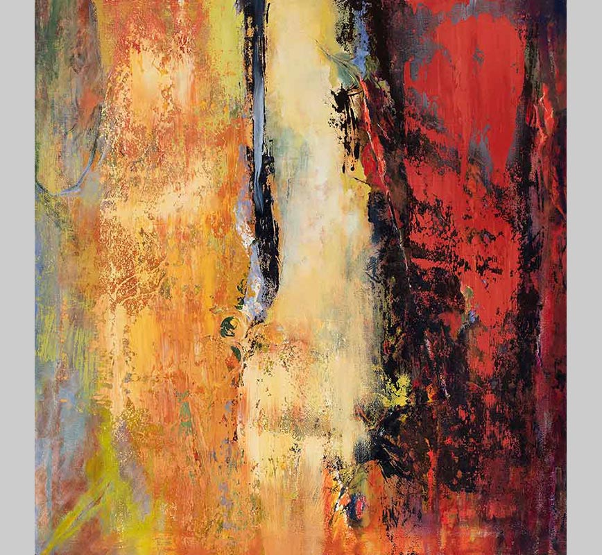 Abstract painting with reference to nature. Mainly red and yellow colors. Title: Jump Into Fire