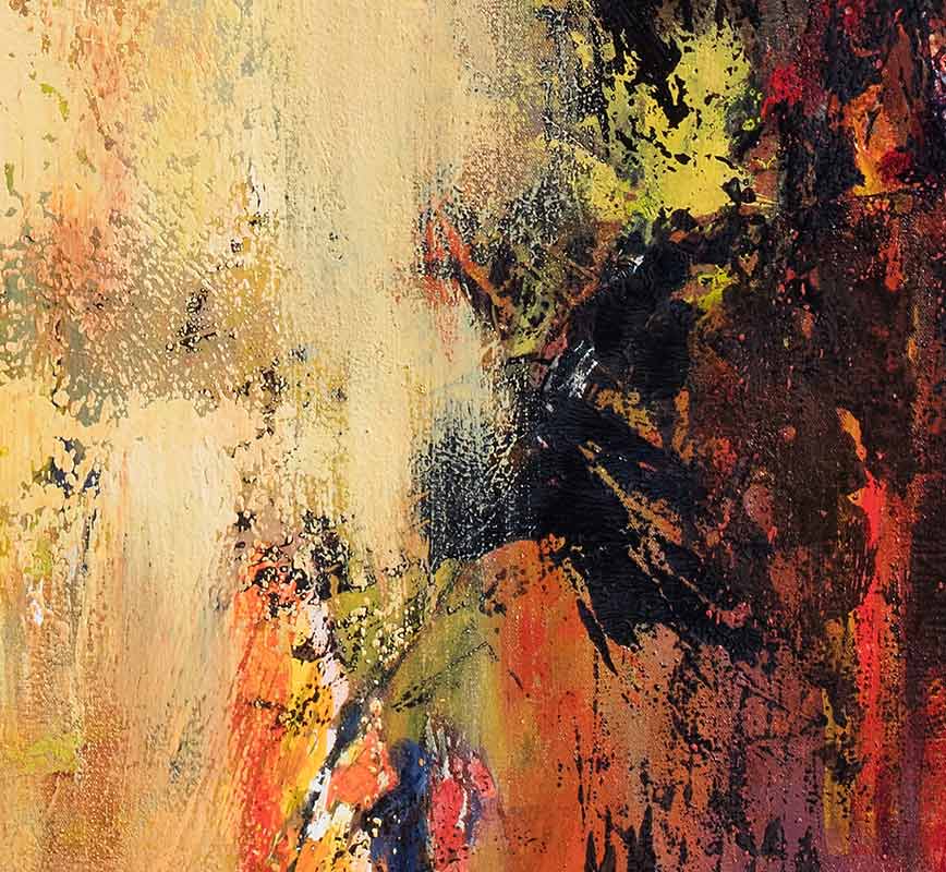 Detail of abstract painting with reference to nature. Mainly red and yellow colors. Title: Jump Into Fire