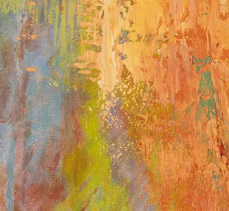 Detail of abstract painting with reference to nature. Mainly red and yellow colors. Title: Jump Into Fire