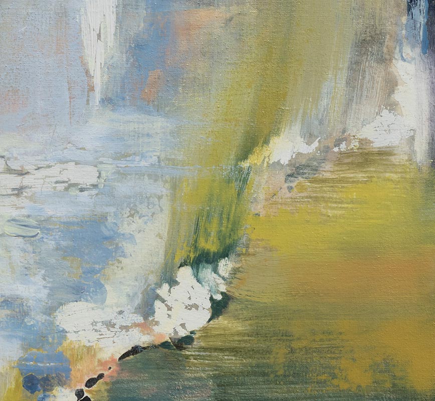 Detail of abstract painting with reference to nature. Mainly green and light blue colors. Title: Time Out
