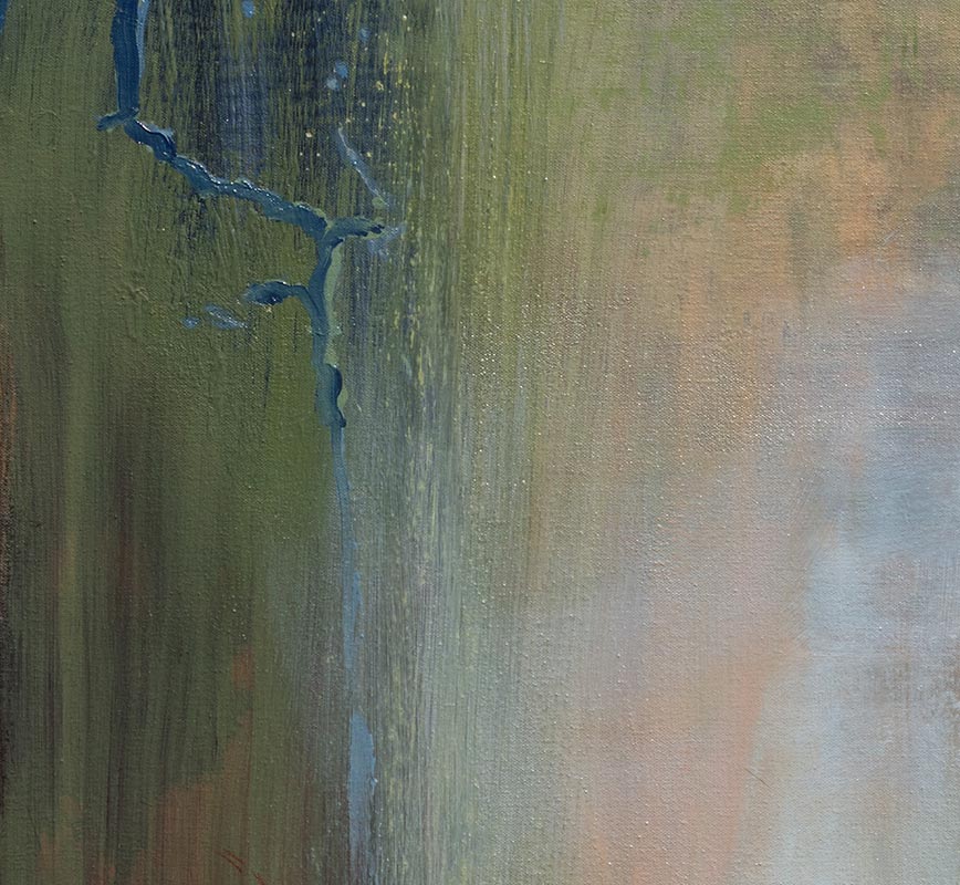 Detail of abstract painting with reference to nature. Mainly green and light blue colors. Title: Time Out
