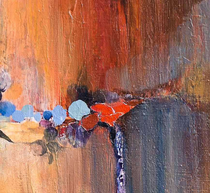 Detail of abstract painting with reference to nature. Mainly red and orange colors. Title: Many More Miles