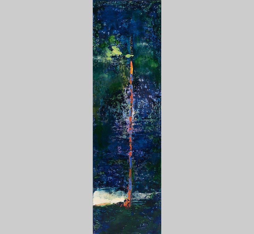 Abstract painting with reference to nature. Mainly blue and green colors. Title: Hidden Assets