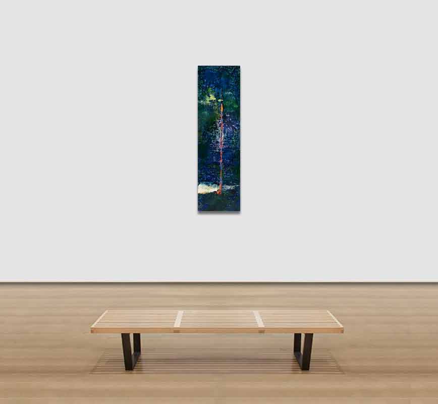 View in a room of abstract painting with reference to nature. Mainly blue and green colors. Title: Hidden Assets