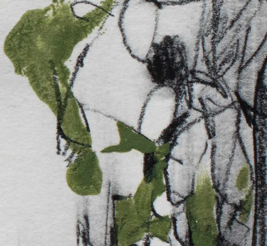 Detail of abstract watercolor with reference to nature. Mainly green colors. Title: Safe Flight