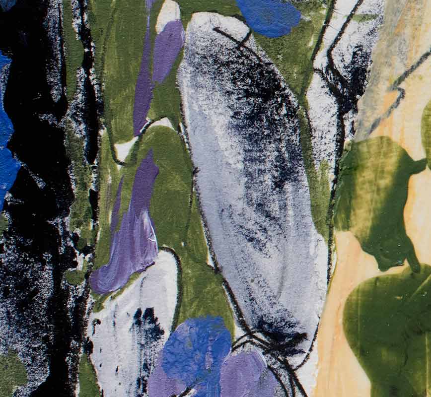 Detail of abstract watercolor with reference to nature. Mainly green and purple colors. Title: Fashionably Late