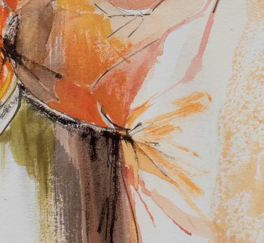 Detail of abstract watercolor with reference to nature. Mainly red and orange colors. Title: Benefits of Context