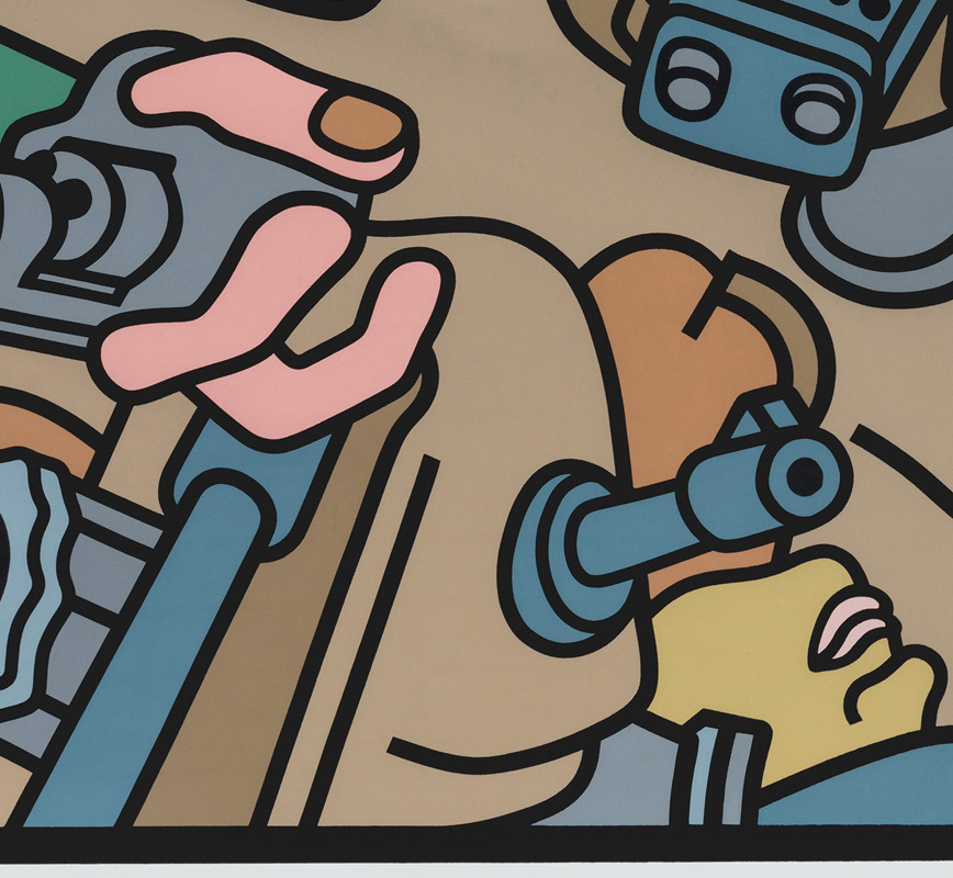 Detail of contemporary expressionist print. Political Painting showing people with guns. Title: A Tough Citizen