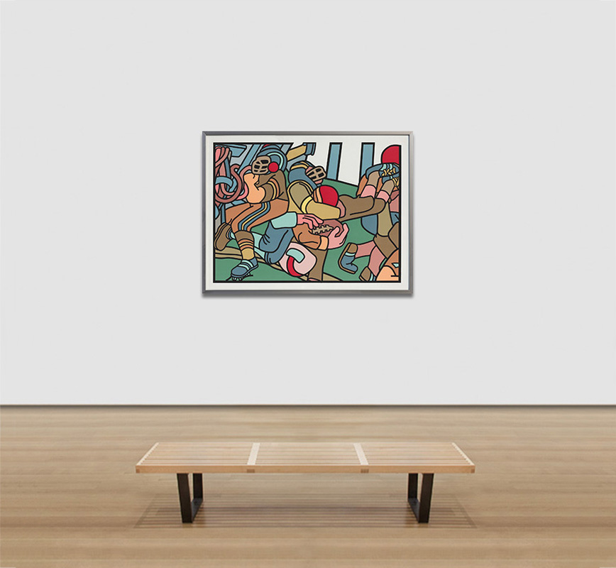 View in a room of contemporary expressionist print. Political Painting. Title: The Football Players