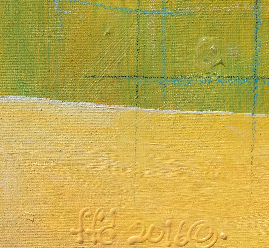 Detail of figurative painting with reference to Haitian and African-American culture. Mainly blue and green colors. Title: Intersect #A7