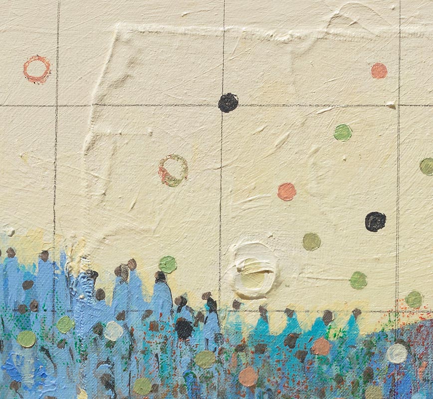Detail of figurative painting with reference to Haitian and African-American culture. Mainly blue and beige colors. Title: Intersect #A2