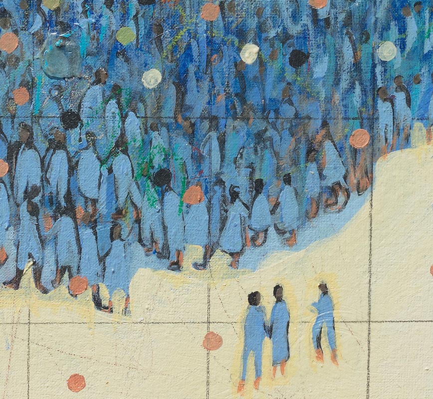 Detail of figurative painting with reference to Haitian and African-American culture. Mainly blue and beige colors. Title: Intersect #A2