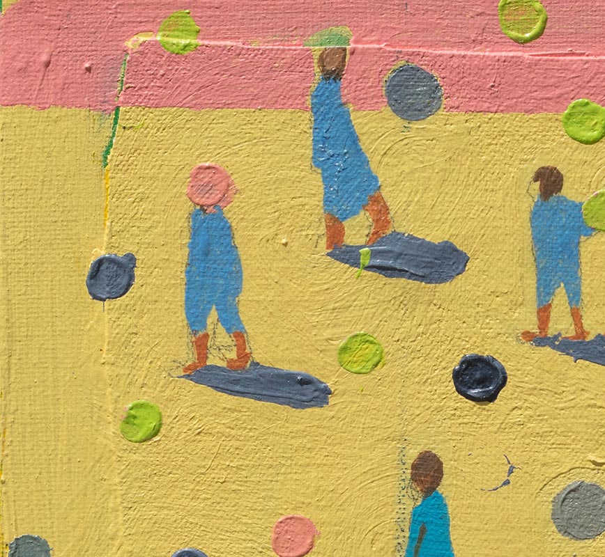 Detail of figurative painting with reference to Haitian and African-American culture. Mainly blue and yellow colors. Title: Intersect #2
