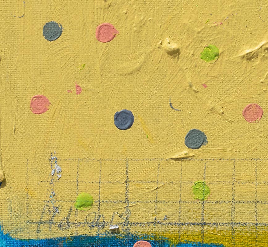 Detail of figurative painting with reference to Haitian and African-American culture. Mainly blue and yellow colors. Title: Intersect #2
