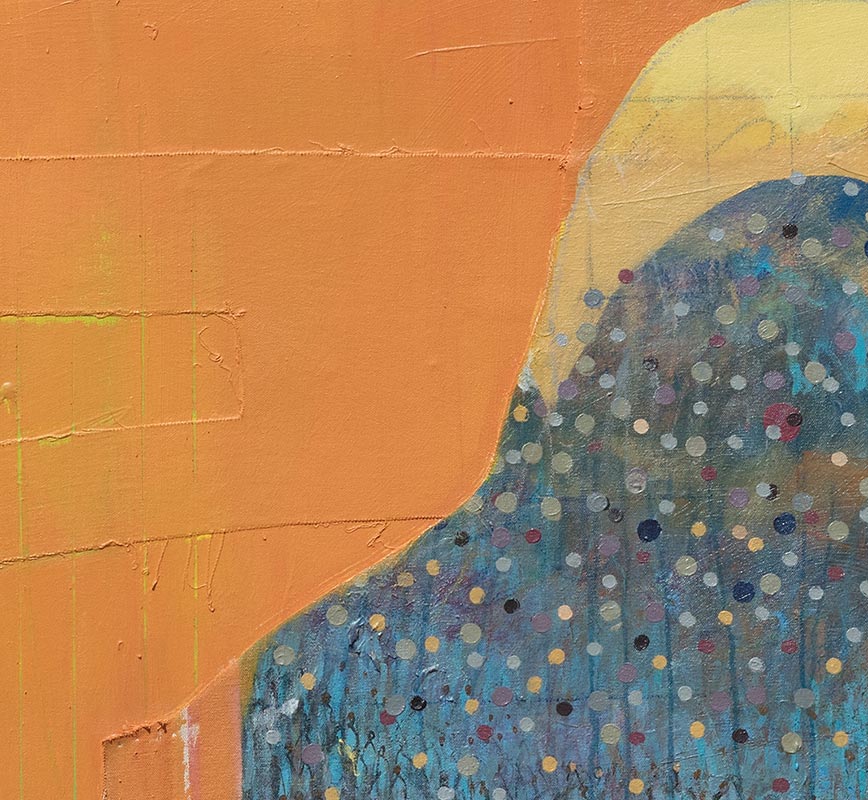 Detail of figurative painting with reference to Haitian and African-American culture. Mainly orange and blue colors. Title: Projection #2