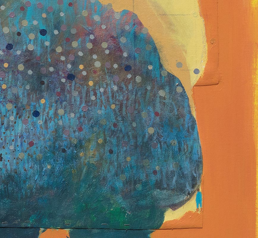 Detail of figurative painting with reference to Haitian and African-American culture. Mainly orange and blue colors. Title: Projection #2