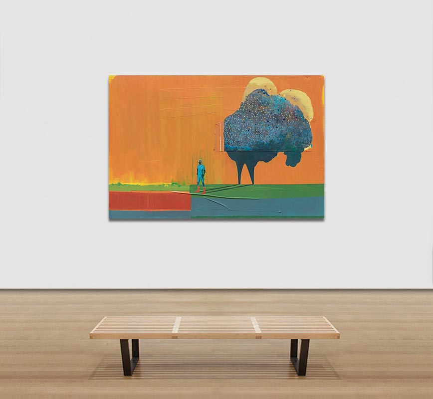 View in a room of figurative painting with reference to Haitian and African-American culture. Mainly orange and blue colors. Title: Projection #2