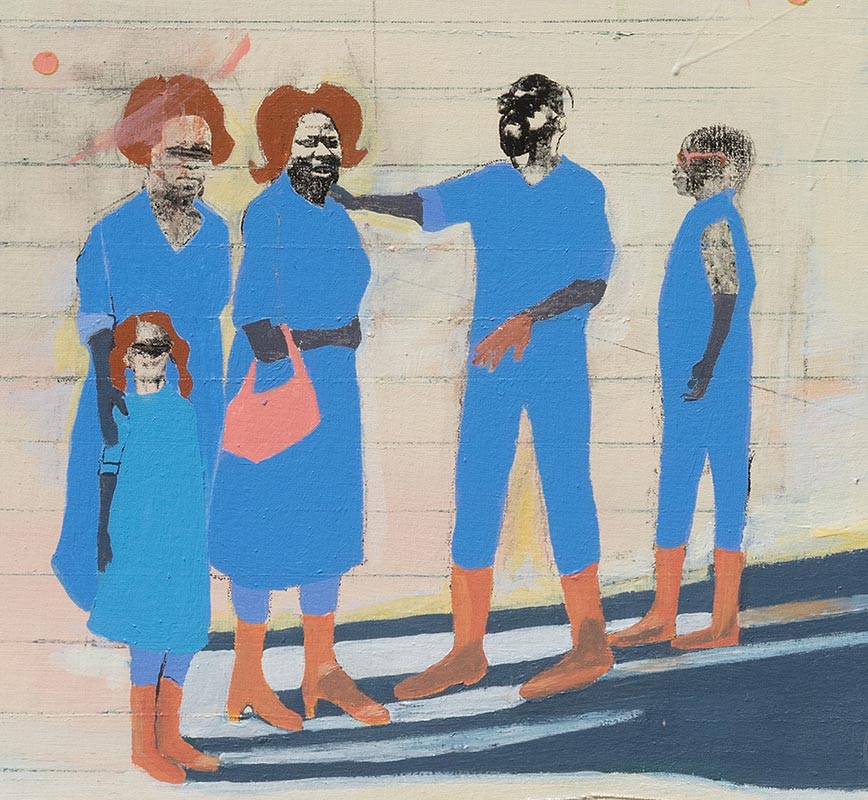 Detail of figurative painting with reference to Haitian and African-American culture. Mainly beige and blue colors. Title: Time Line #4