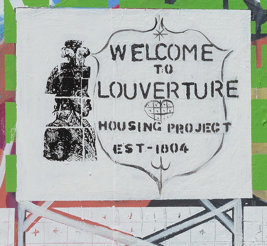 Detail of figurative painting with reference to Haitian and African-American culture. Mainly pink and green colors. Title: Louverture Housing