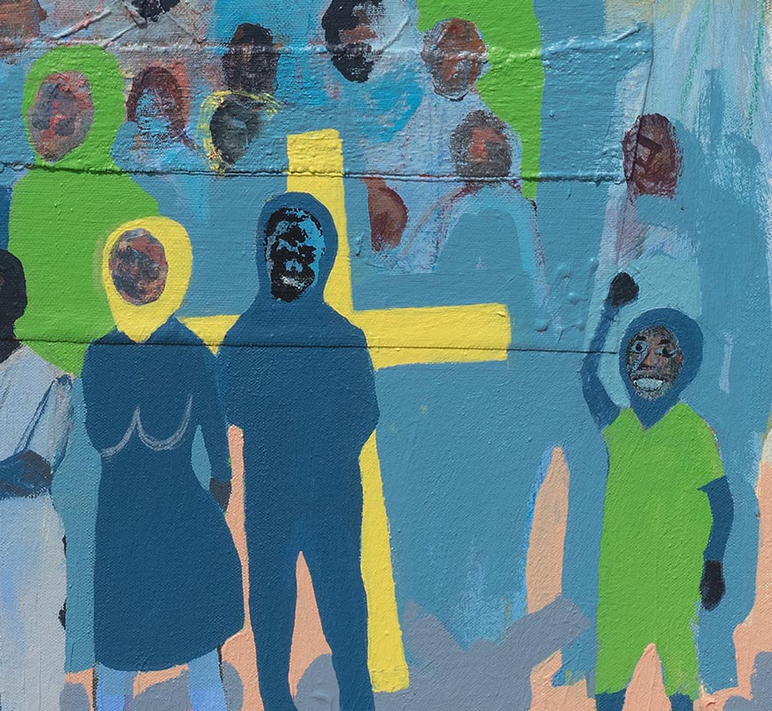 Detail of figurative painting with reference to Haitian and African-American culture. Mainly brown colors. Title: Every Voice #2