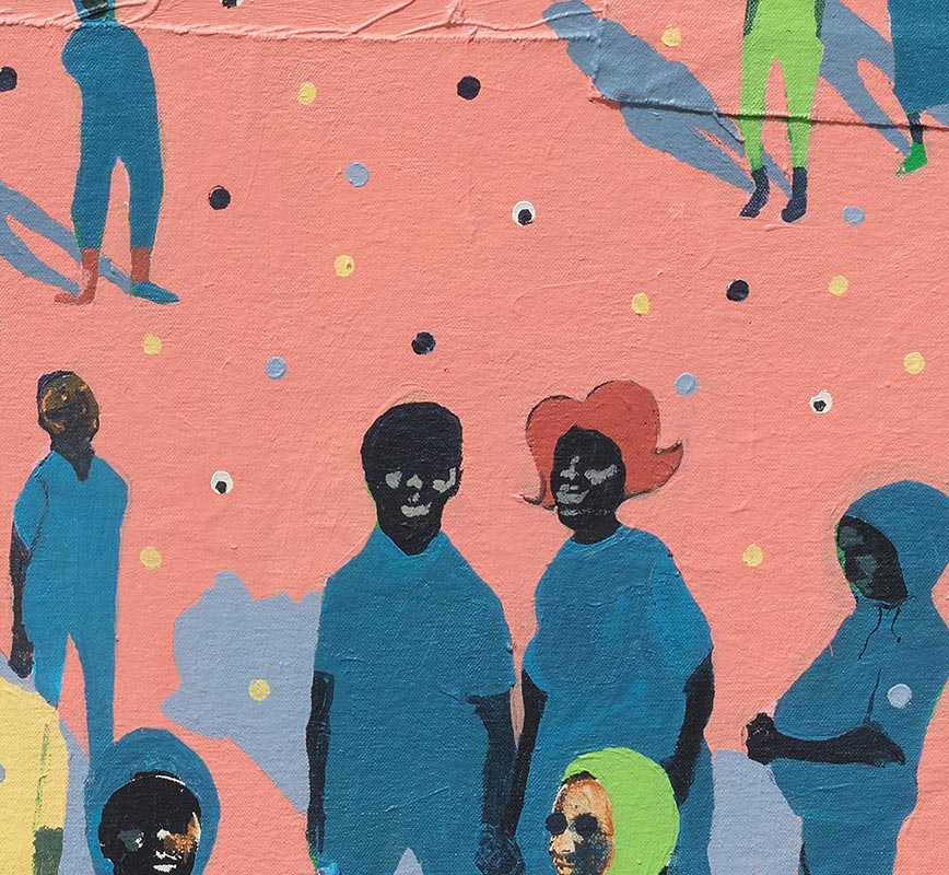 Detail of figurative painting with reference to Haitian and African-American culture. Mainly pink, green and blue colors. Title: Mass Appeal #1
