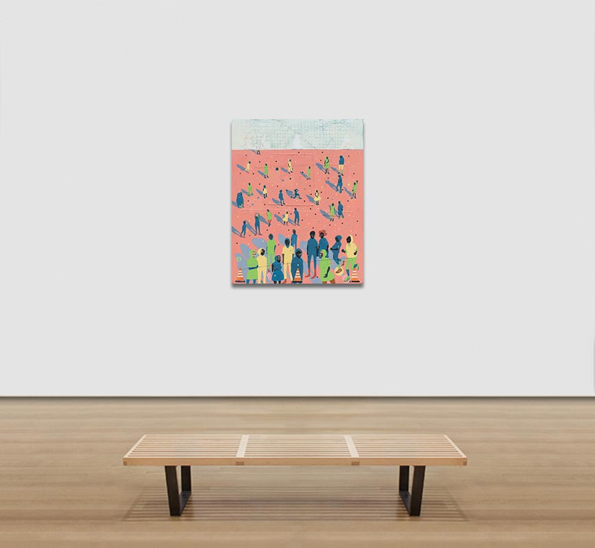 View in a Room of figurative painting with reference to Haitian and African-American culture. Mainly pink, green and blue colors. Title: Mass Appeal #1