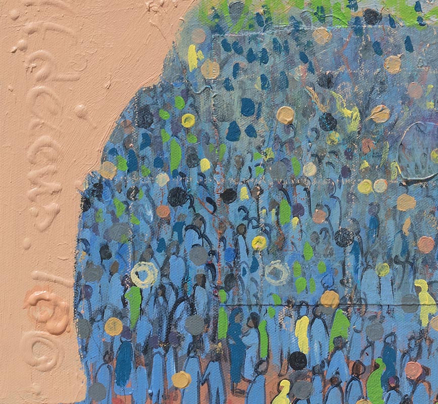 Detail of figurative painting with reference to Haitian and African-American culture. Mainly pink and blue colors. Title: Every Voice #1