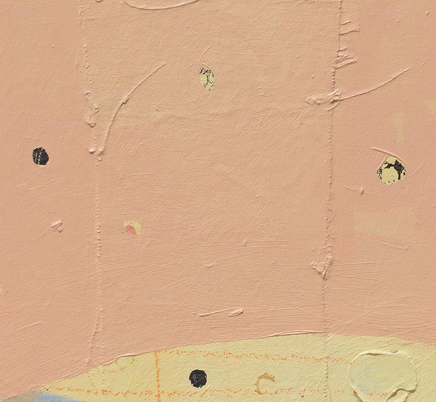 Detail of figurative painting with reference to Haitian and African-American culture. Mainly pink and blue colors. Title: Every Voice #1