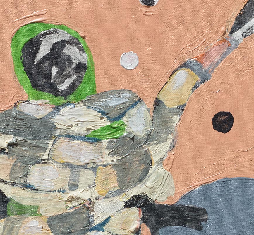 Detail of figurative painting with reference to Haitian and African-American culture. Mainly pink, yellow and green colors. Title: Mumbo Jumbo #11
