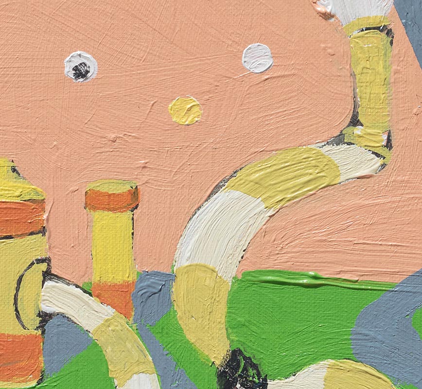 Detail of figurative painting with reference to Haitian and African-American culture. Mainly pink, grey and green colors. Title: Mumbo Jumbo #9