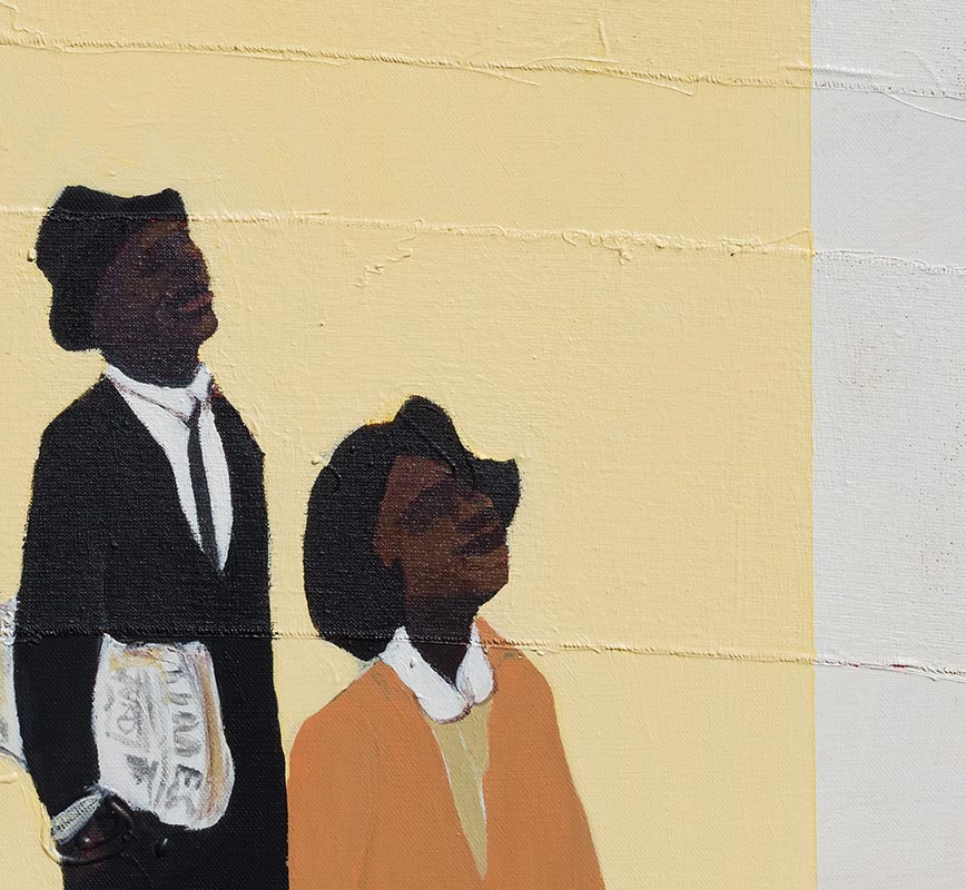 Detail of figurative painting with reference to Haitian and African-American culture. Mainly beige, white, and black colors. Title: Apple Pie #4