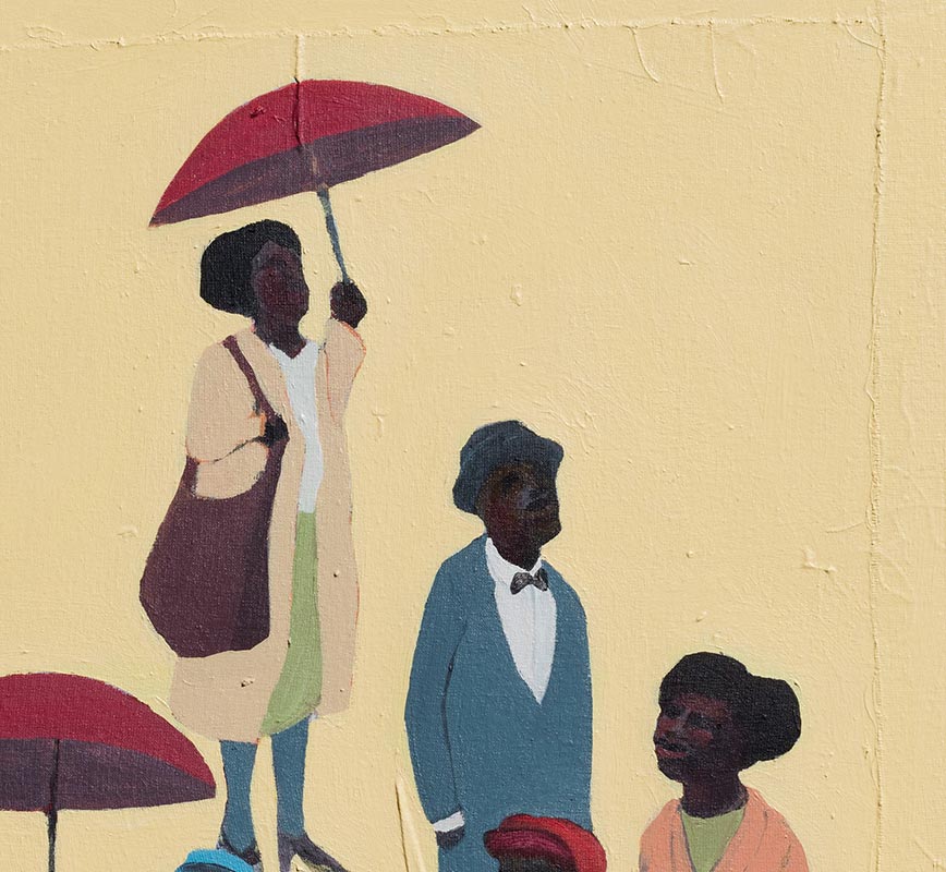 Detail of figurative painting with reference to Haitian and African-American culture. Mainly beige, white, and blue colors. Title: Morning Light