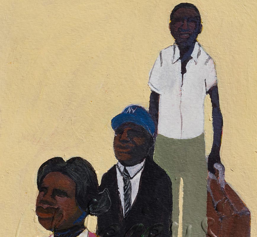 Detail of figurative painting with reference to Haitian and African-American culture.  Mainly beige, white, and black colors. Title: Morning Rush Study