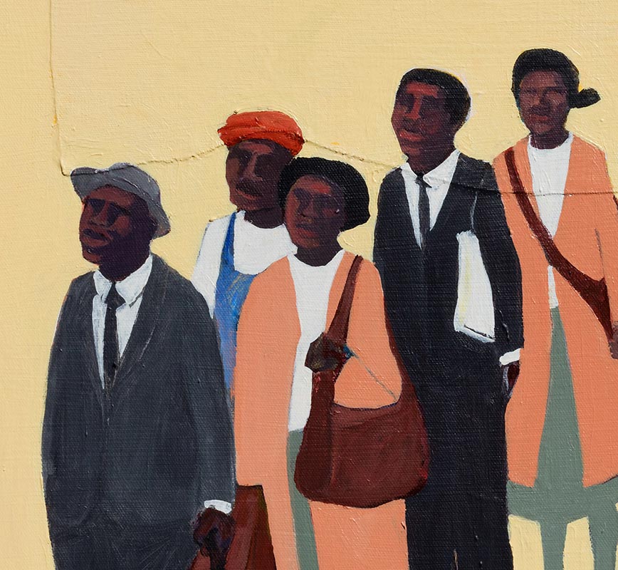 Detail of figurative painting with reference to Haitian and African-American culture. Mainly beige, white, and black colors. Title: Pompeii Papyrus