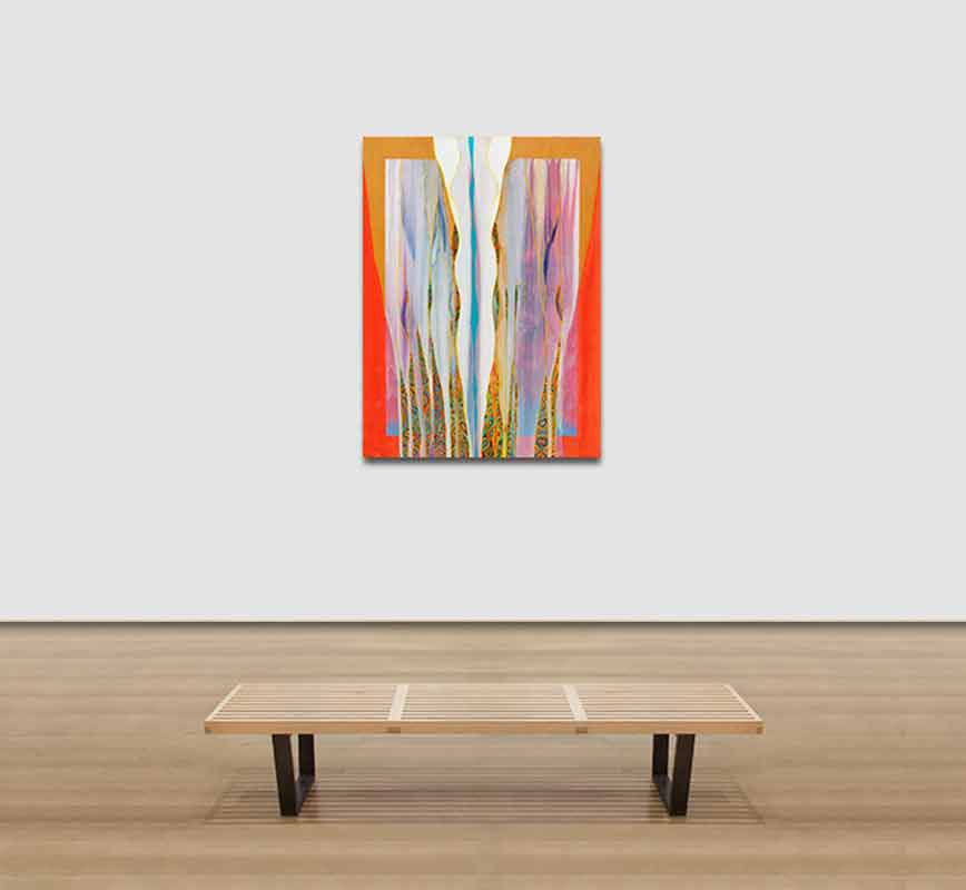 View in a Room of Abstract painting with reference to biology. Mainly orange and yellow colors. Title: Life Surging from Water
