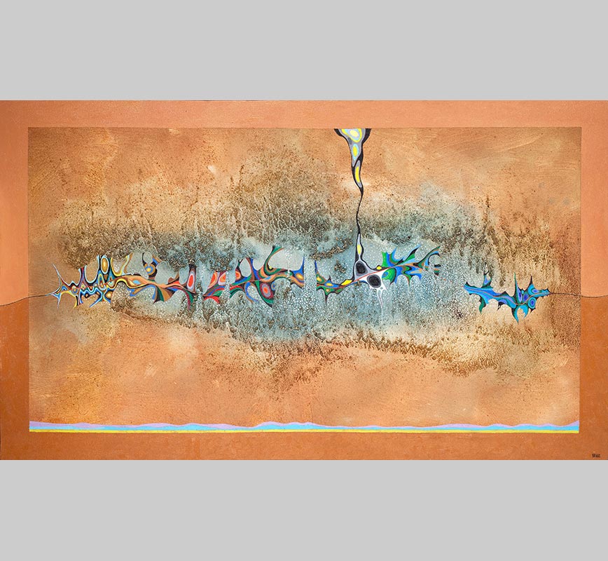 Abstract painting with reference to biology. Mainly earth colors with blue accents. Title: Floating on a Wavy Line