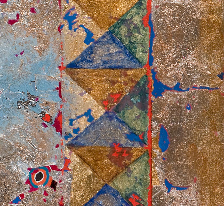 Detail of Abstract geometric painting with reference to archaeology. Mainly gold and silver. Title: Crumbling Walls and Open Skies