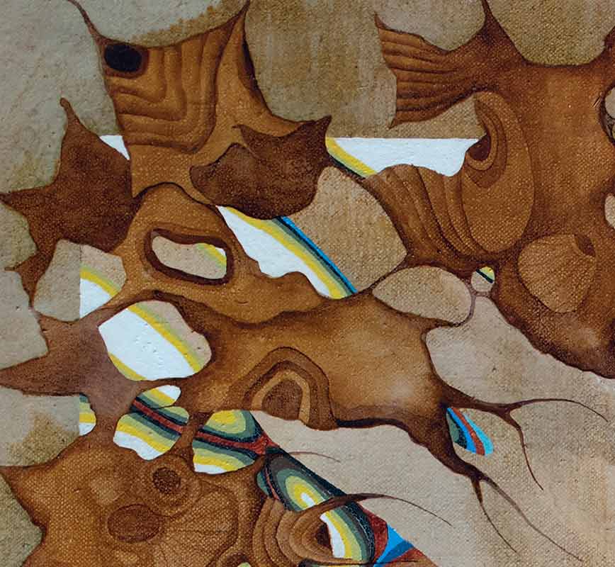 Detail of aAbstract painting with reference to biology. Mainly brown colors with blue accent. Title: Counterpoint