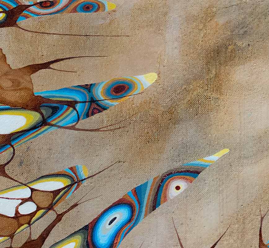Detail of Abstract painting with reference to biology. Mainly brown colors with blue accent. Title: Counterpoint