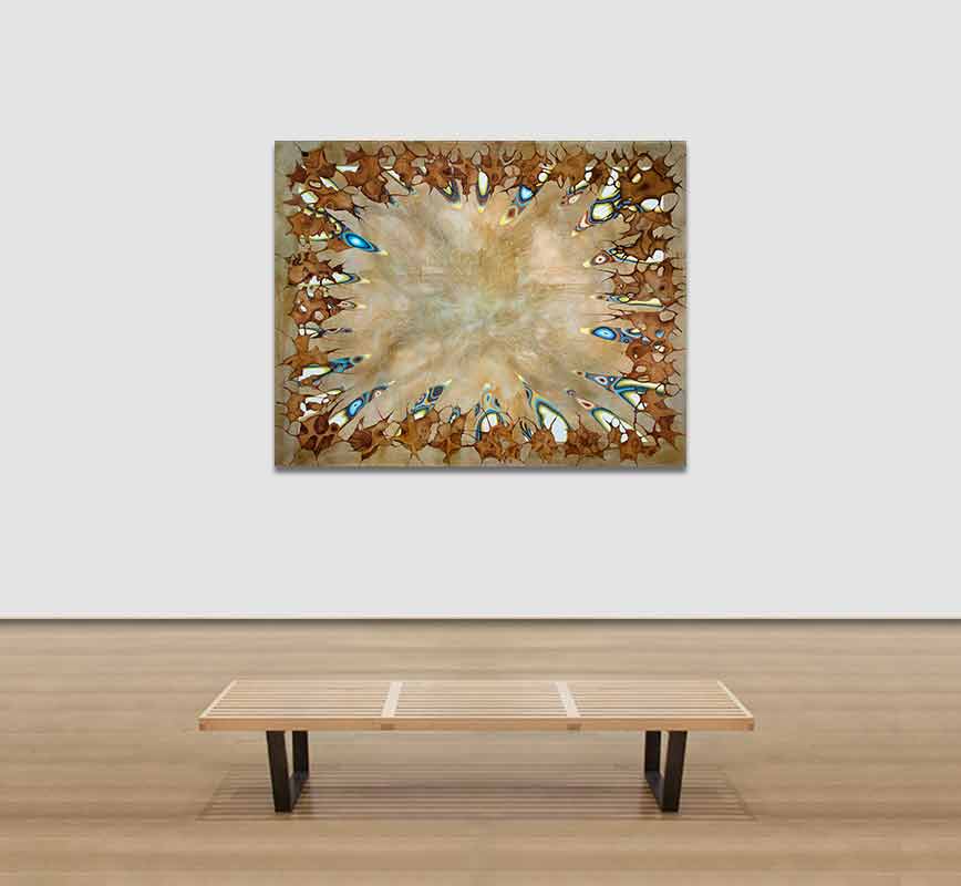 View in a Room of Abstract painting with reference to biology. Mainly brown colors with blue accent. Title: Counterpoint