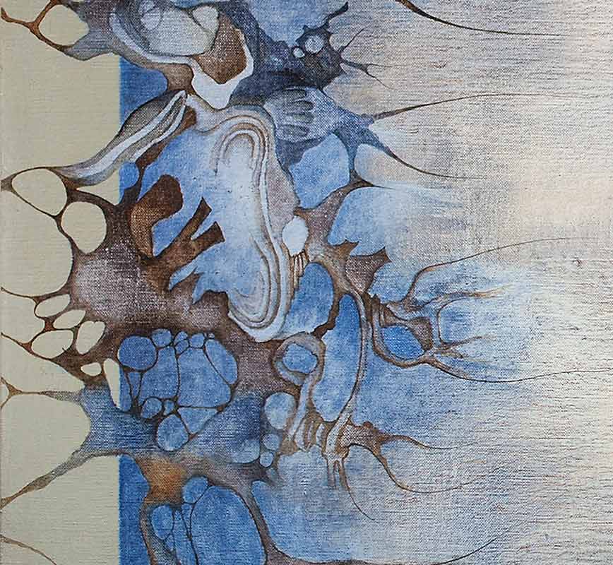 Detail of Abstract painting with reference to biology. Mainly blue colors. Title: Spirits of Spring