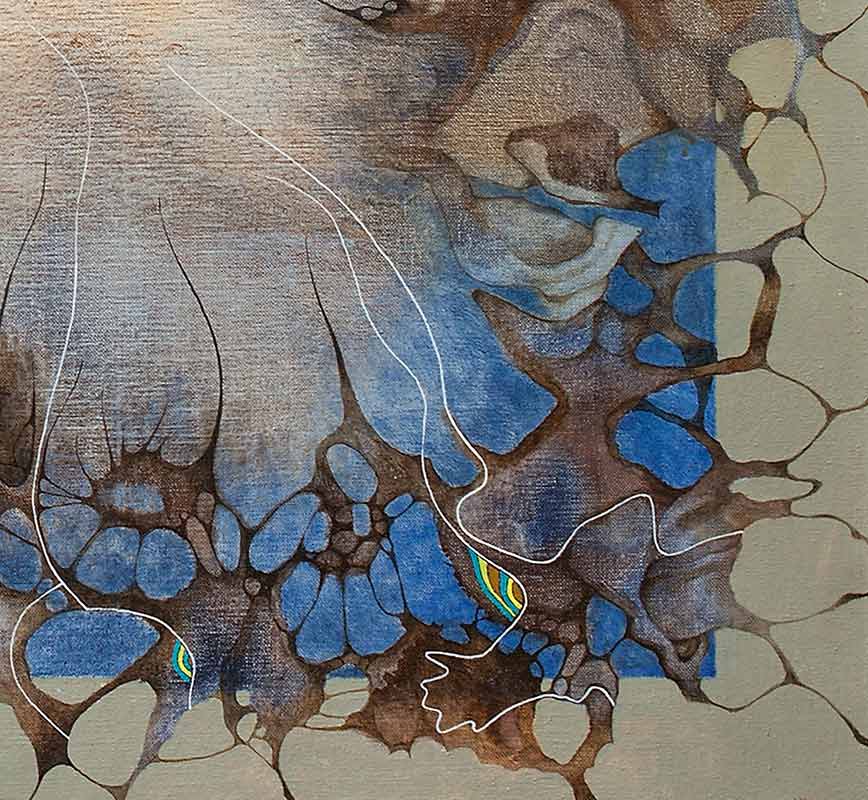Detail of Abstract painting with reference to biology. Mainly blue colors. Title: Spirits of Spring